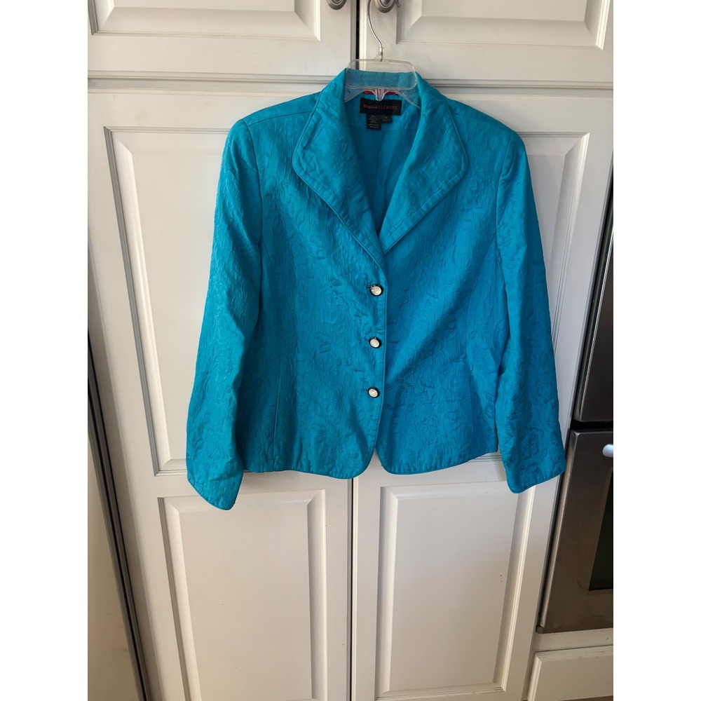 Nina McLemore Turquoise Silk Cotton Matelasse Blazer Jacket Womens 16 USA Made